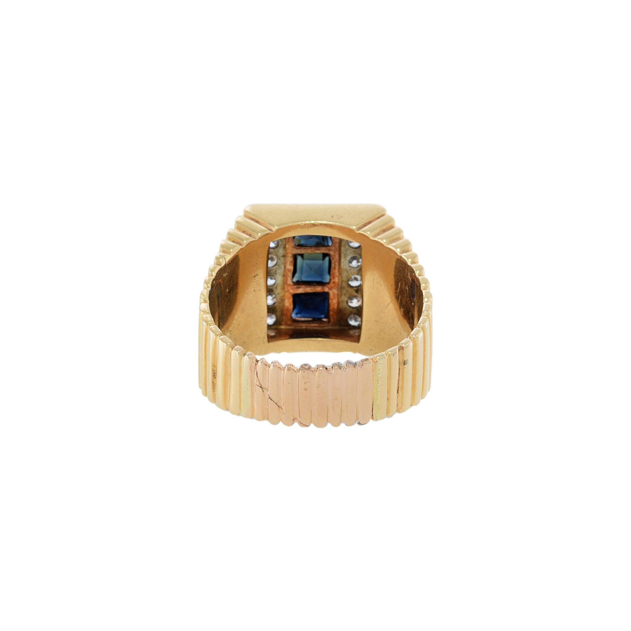 Men's Vintage Retro 18KT Rose Gold Blue Sapphire & Diamond Ring