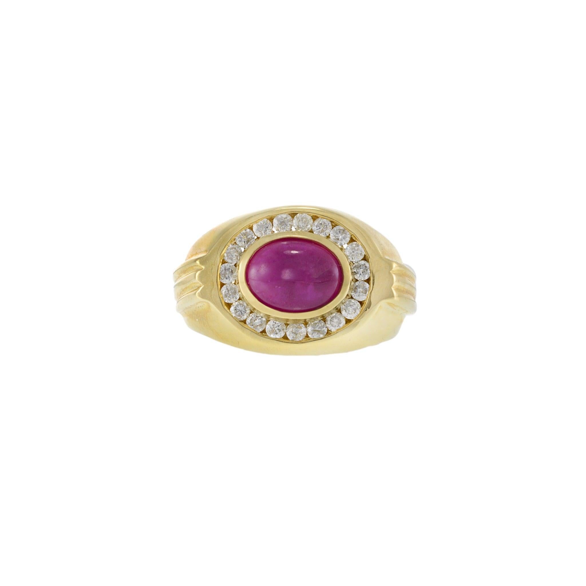 Vintage 1970s 14KT Yellow Gold Ruby and Diamond Cabochon Ring