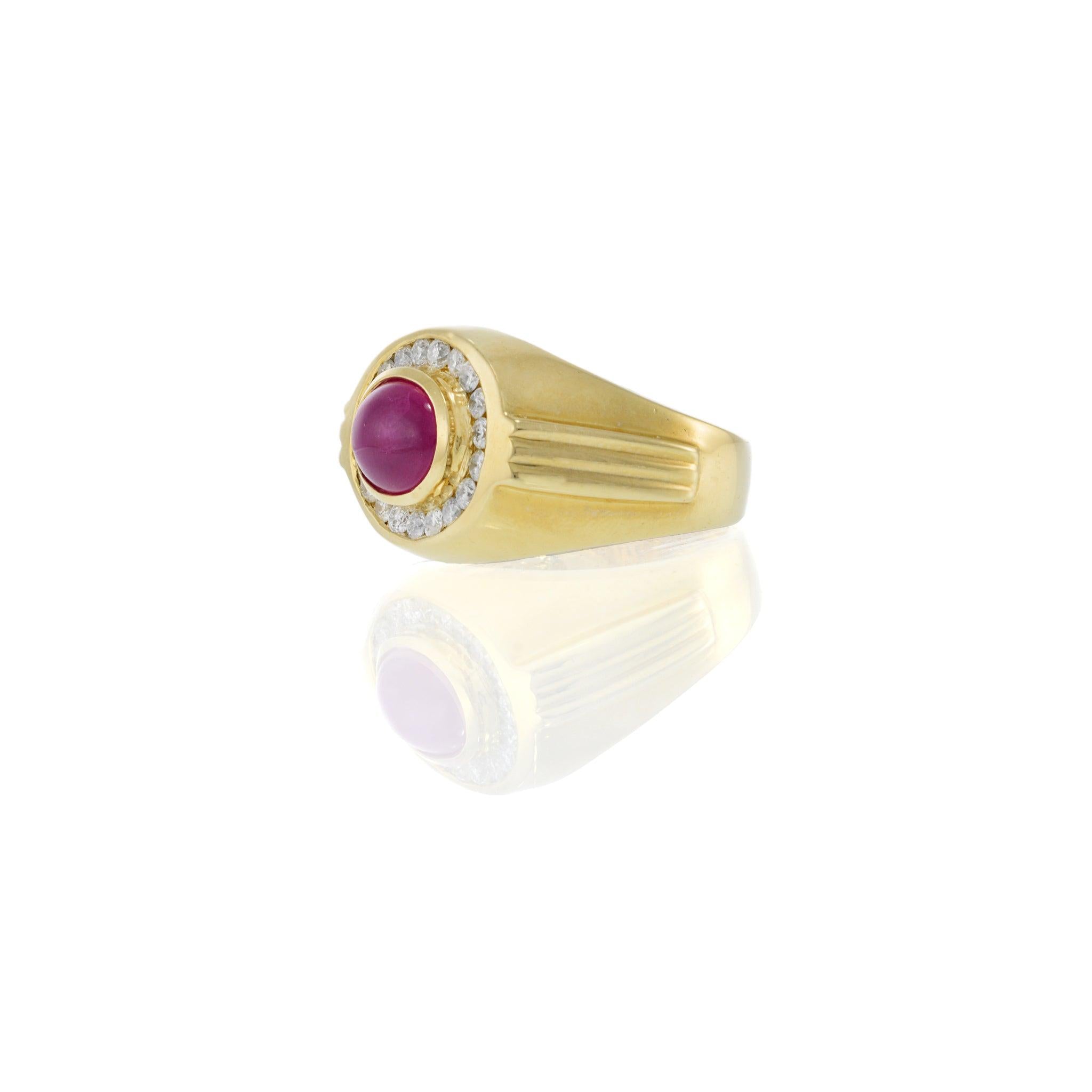 Vintage 1970s 14KT Yellow Gold Ruby and Diamond Cabochon Ring