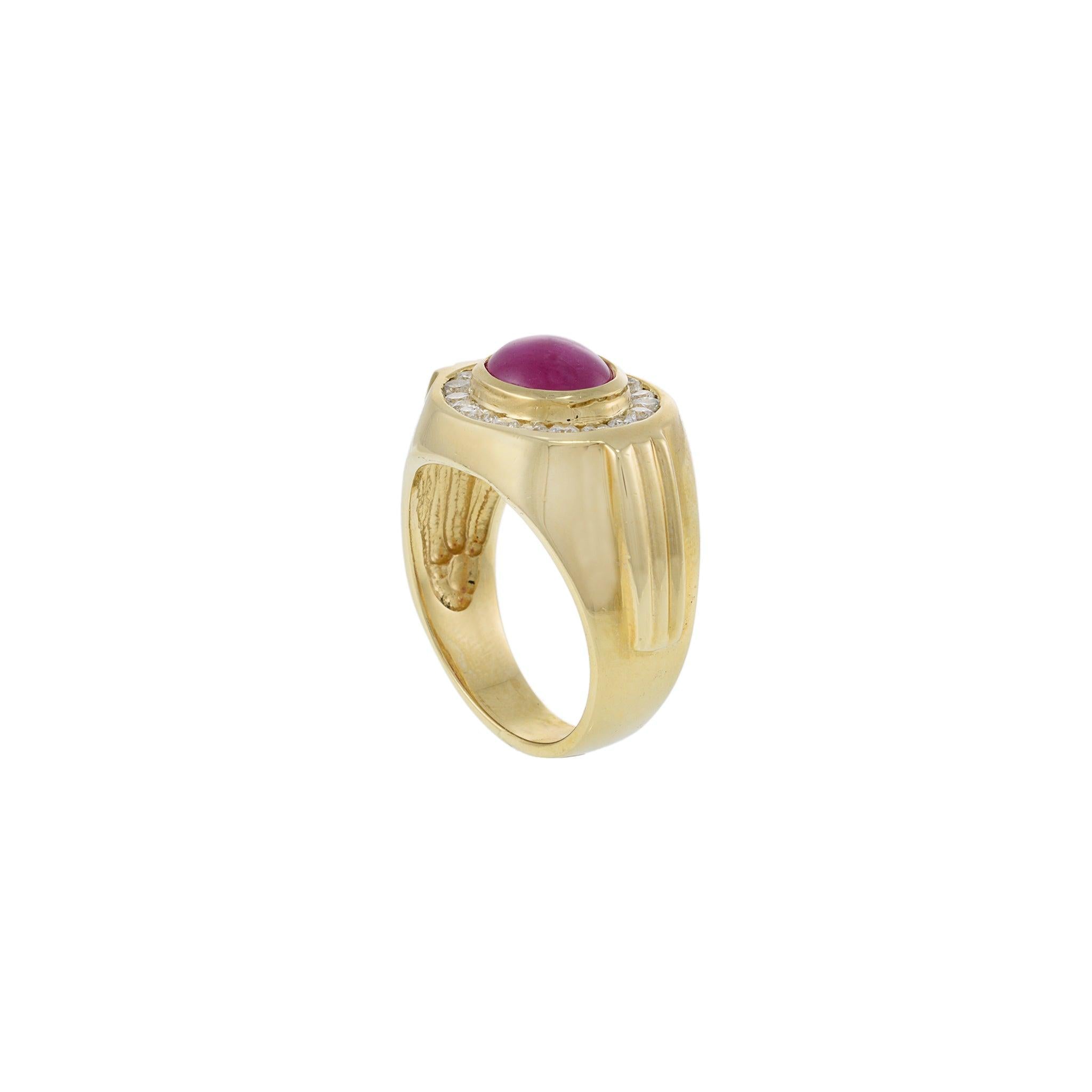 Vintage 1970s 14KT Yellow Gold Ruby and Diamond Cabochon Ring