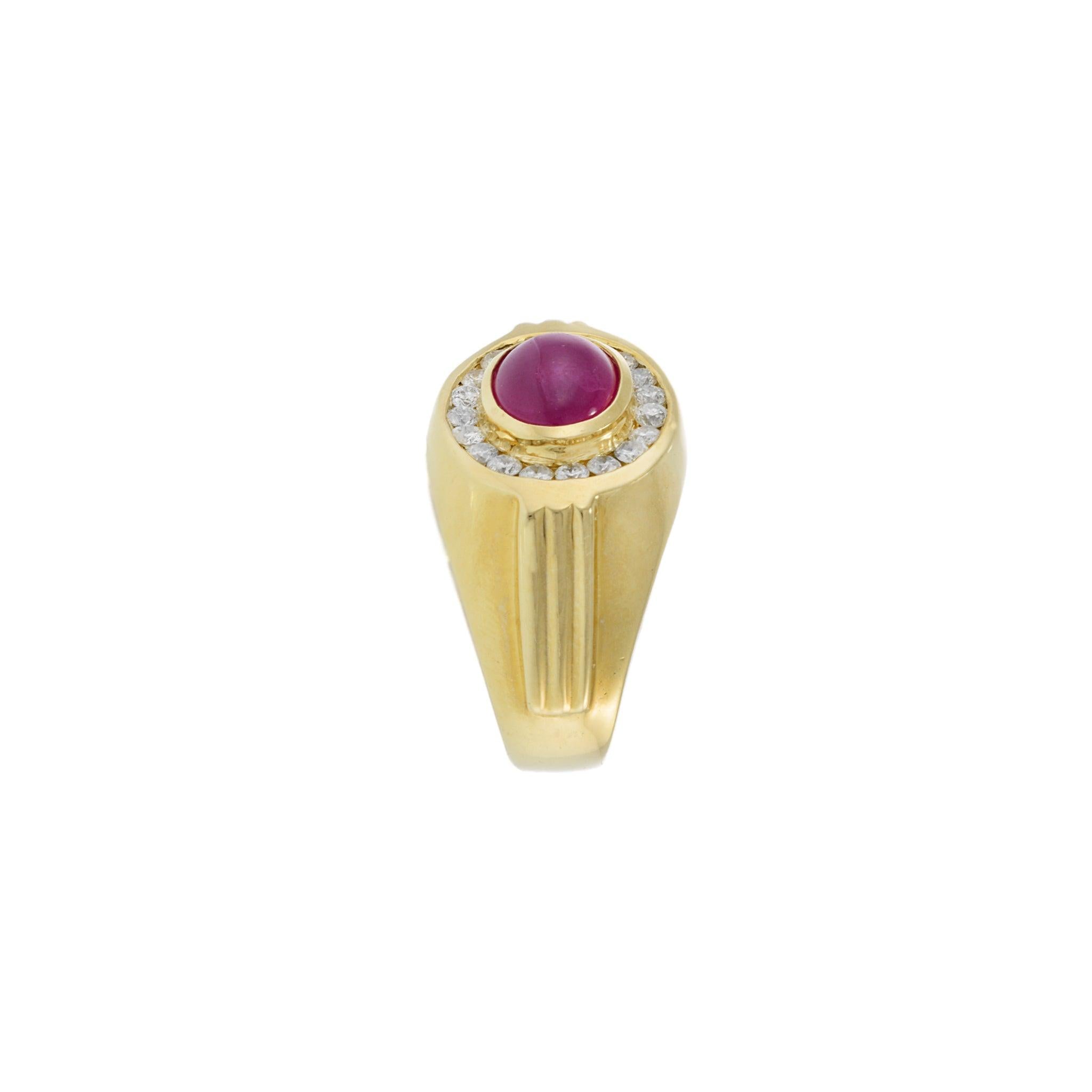 Vintage 1970s 14KT Yellow Gold Ruby and Diamond Cabochon Ring