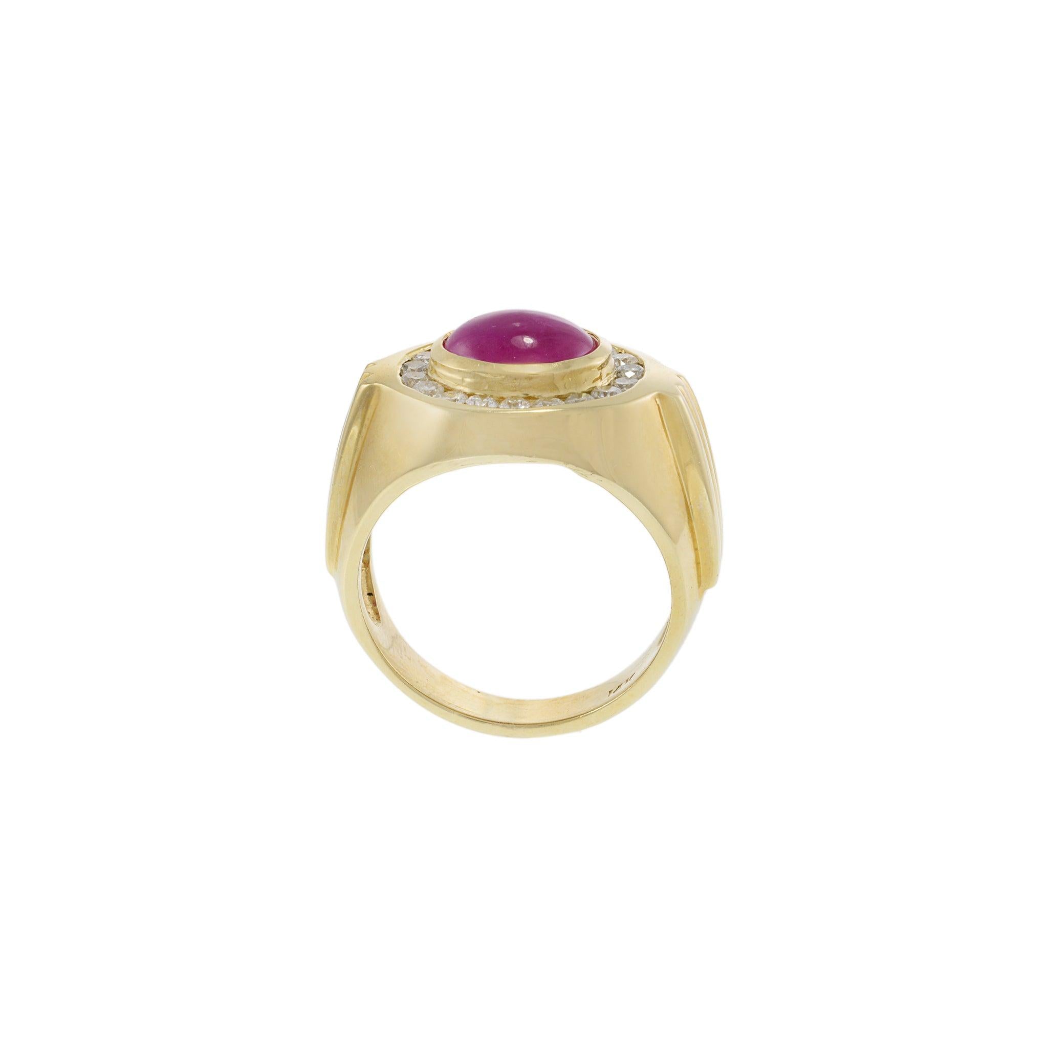 Vintage 1970s 14KT Yellow Gold Ruby and Diamond Cabochon Ring