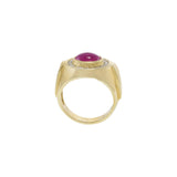 Vintage 1970s 14KT Yellow Gold Ruby and Diamond Cabochon Ring