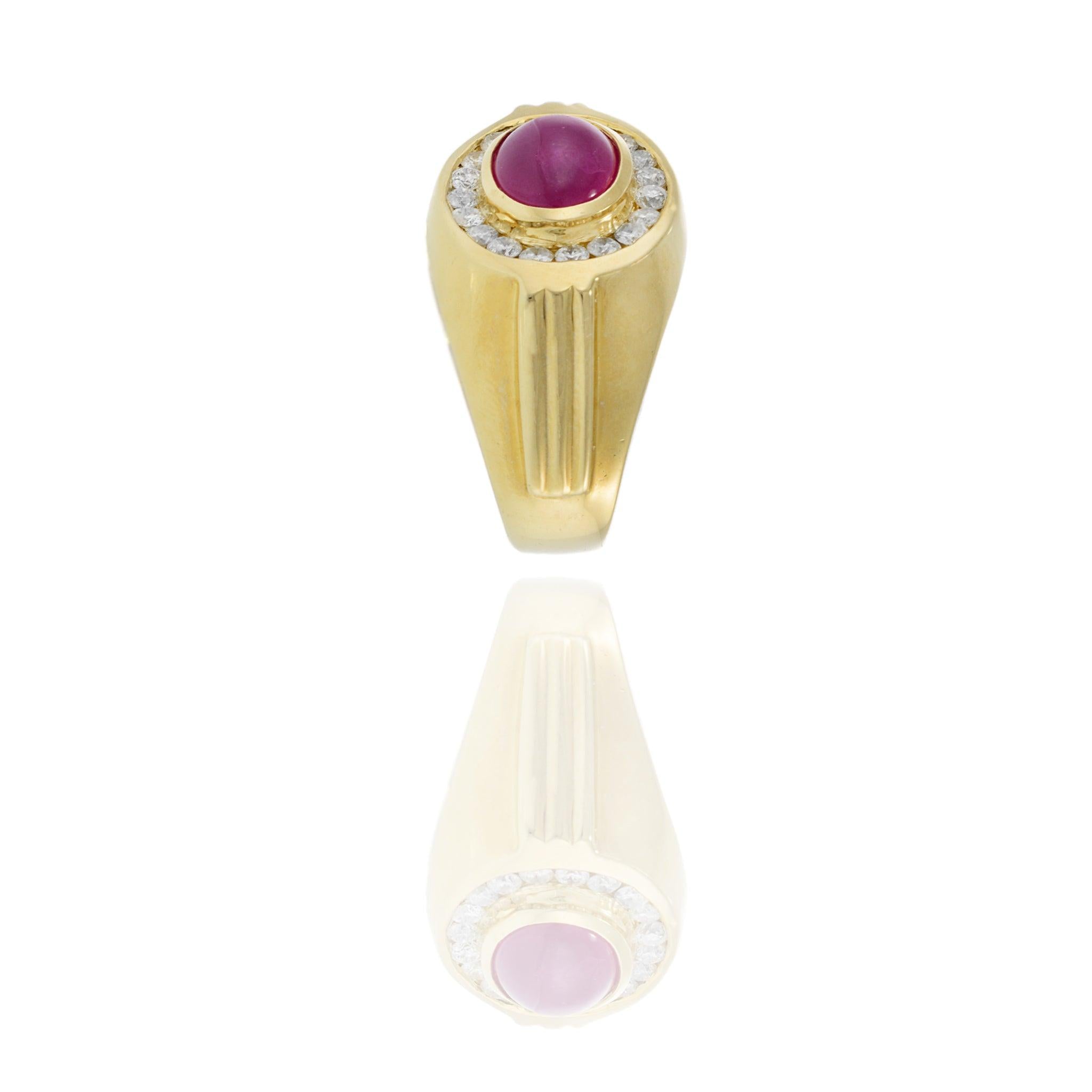 Vintage 1970s 14KT Yellow Gold Ruby and Diamond Cabochon Ring