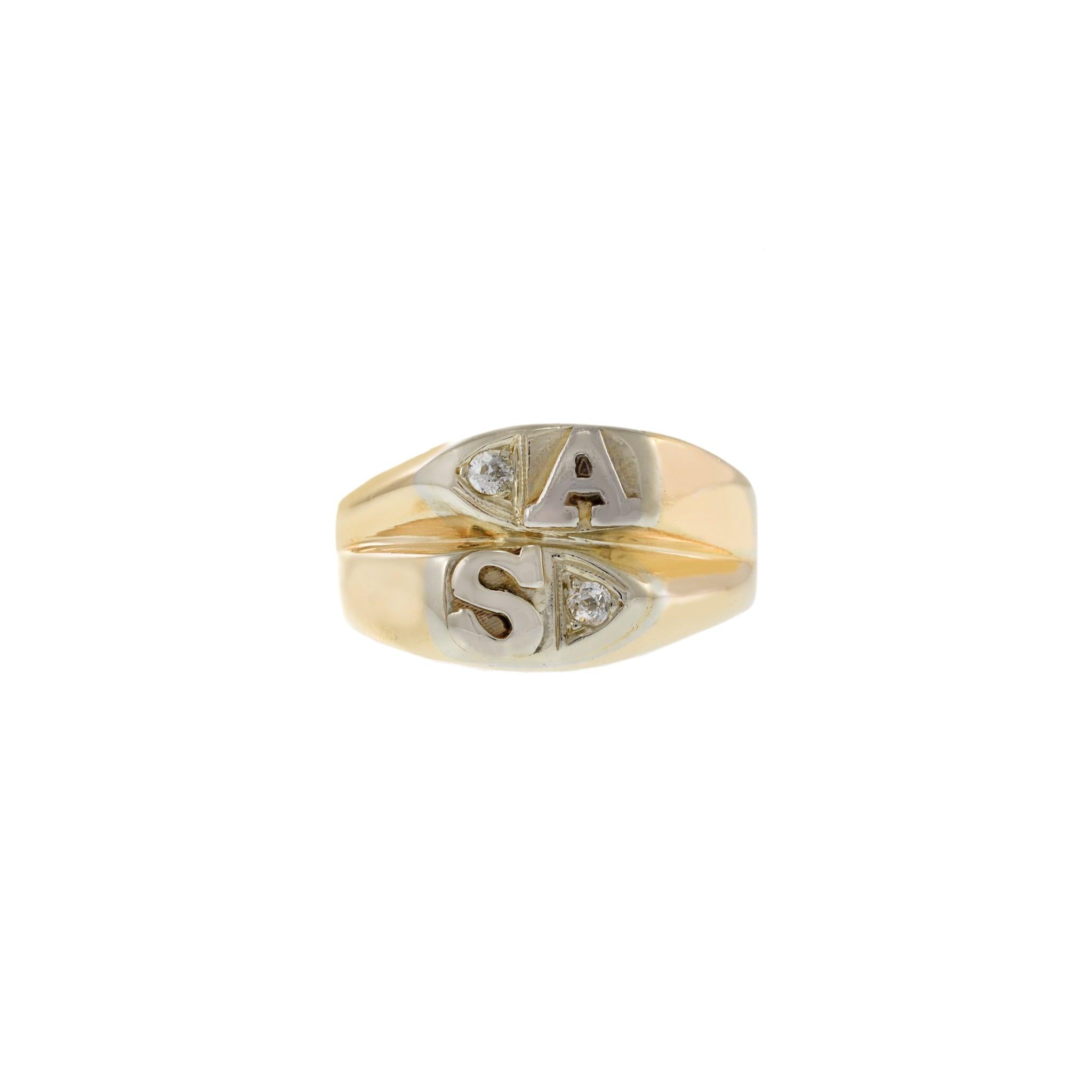 Vintage 14KT Yellow Gold A/S Initial Ring with Diamonds