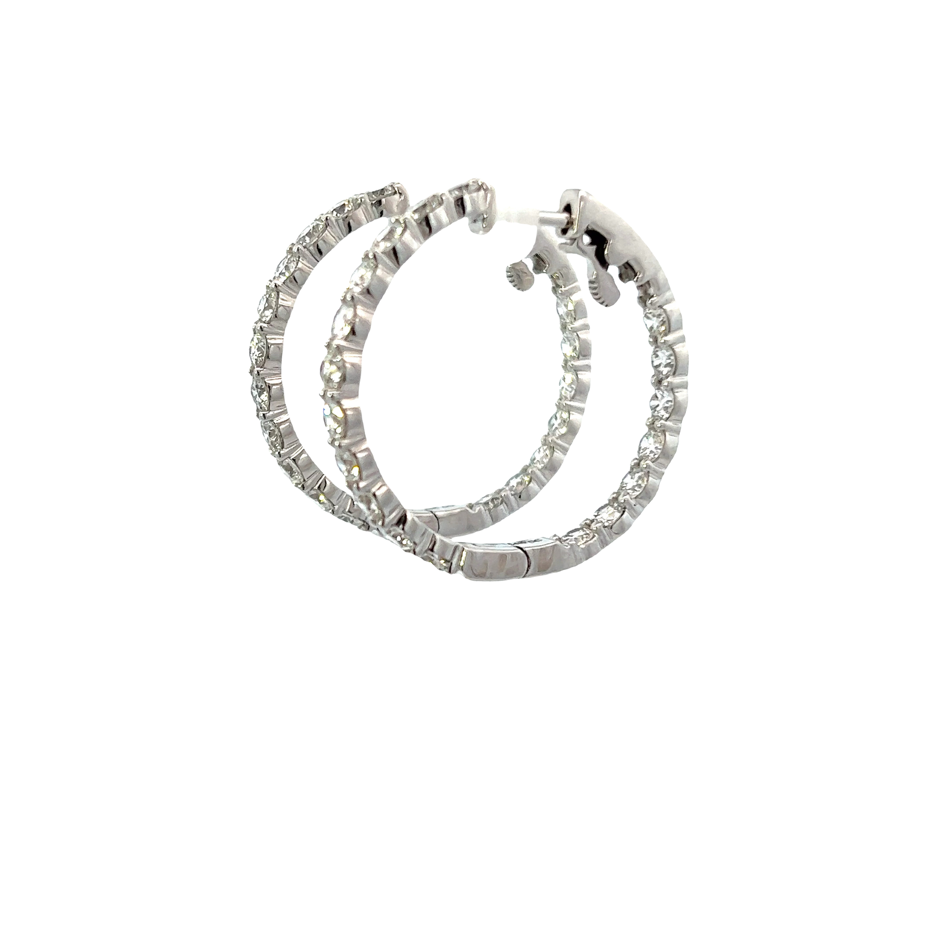 14KT WHITE GOLD AND ROUND CUT DIAMOND IN AND OUT HOOP EARRING.