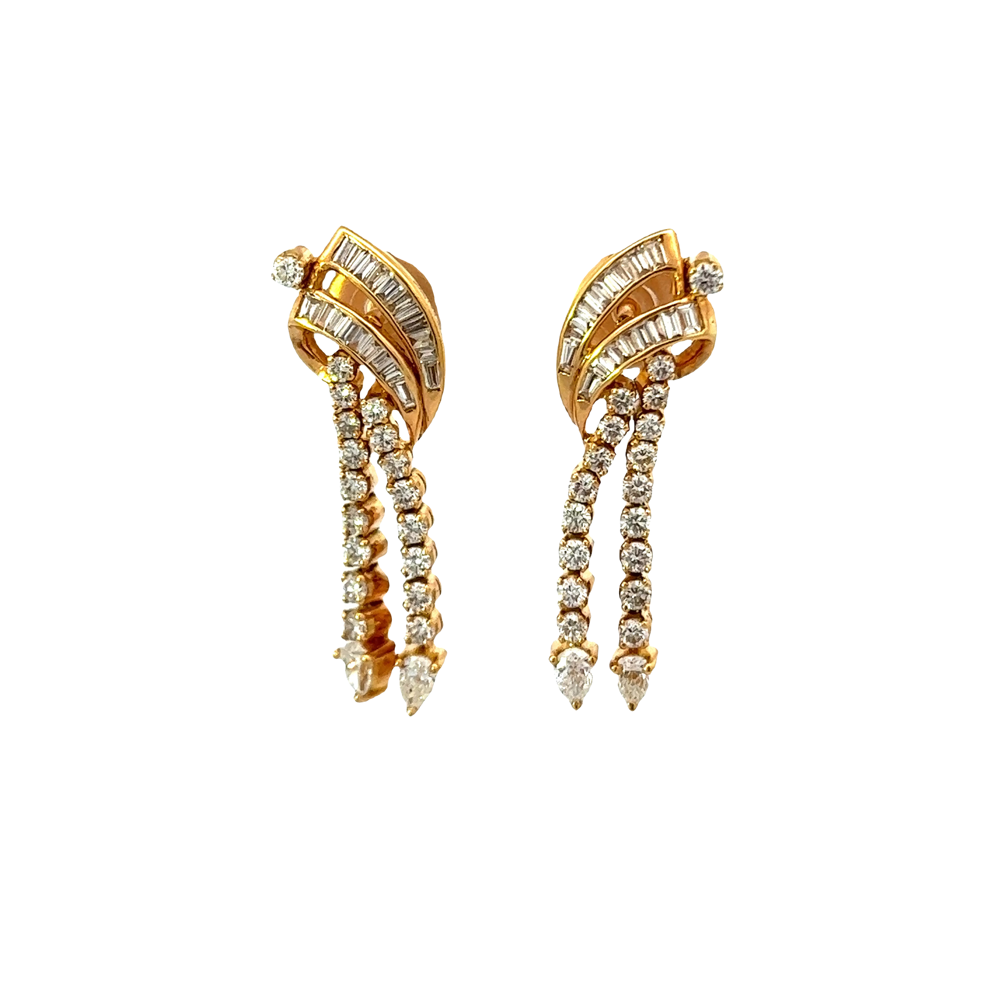 18KT Yellow Gold Baguette And Pear Shaped Diamond Earrings