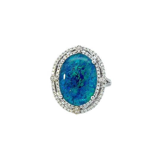 14KT White Gold And Round Cut Diamond Oval Opal Ring