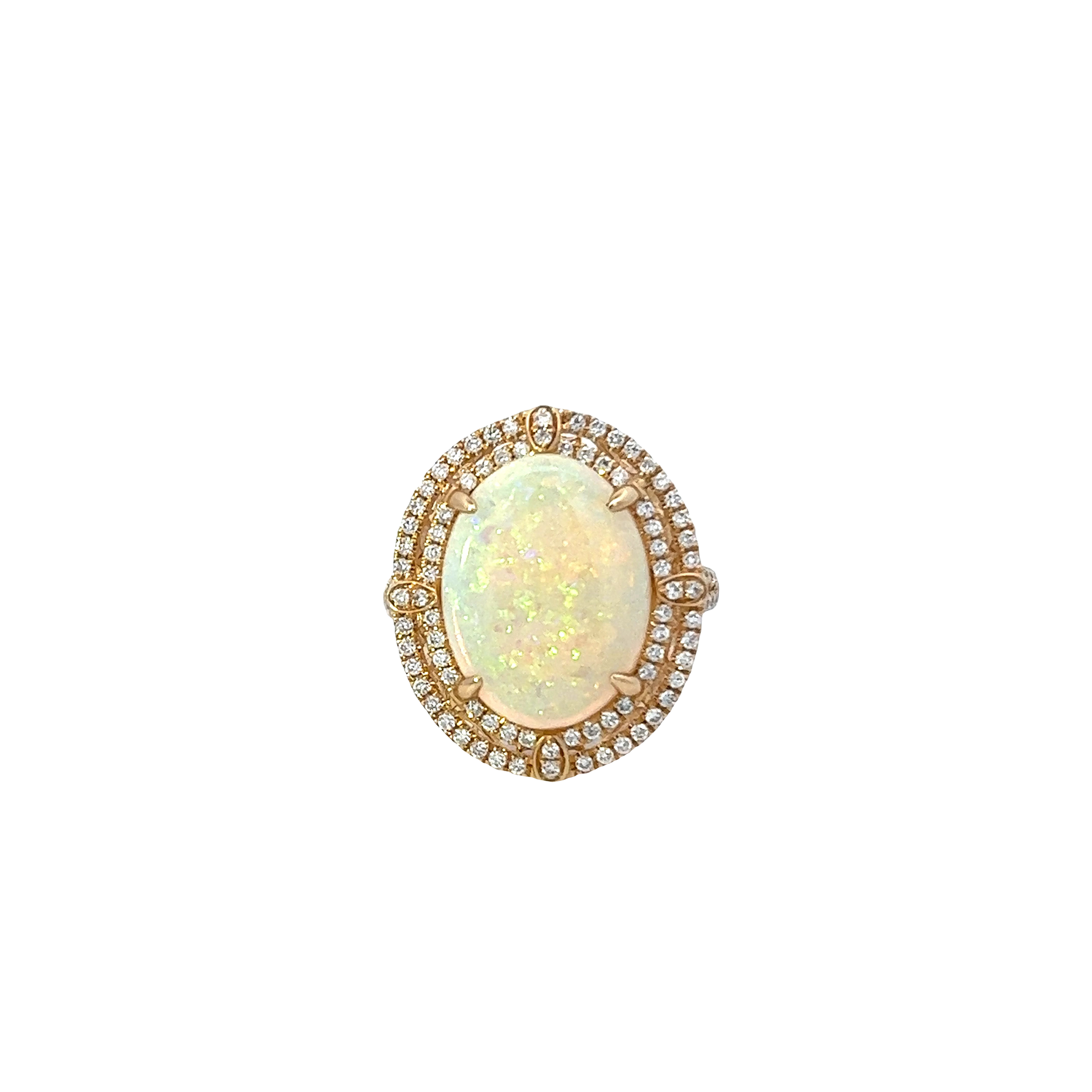 14KT Yellow Gold Large Oval Opal Set With Double Halo Ring