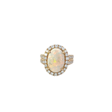 14KT Yellow Gold Round Cut Diamond And Oval Opal Center Ring