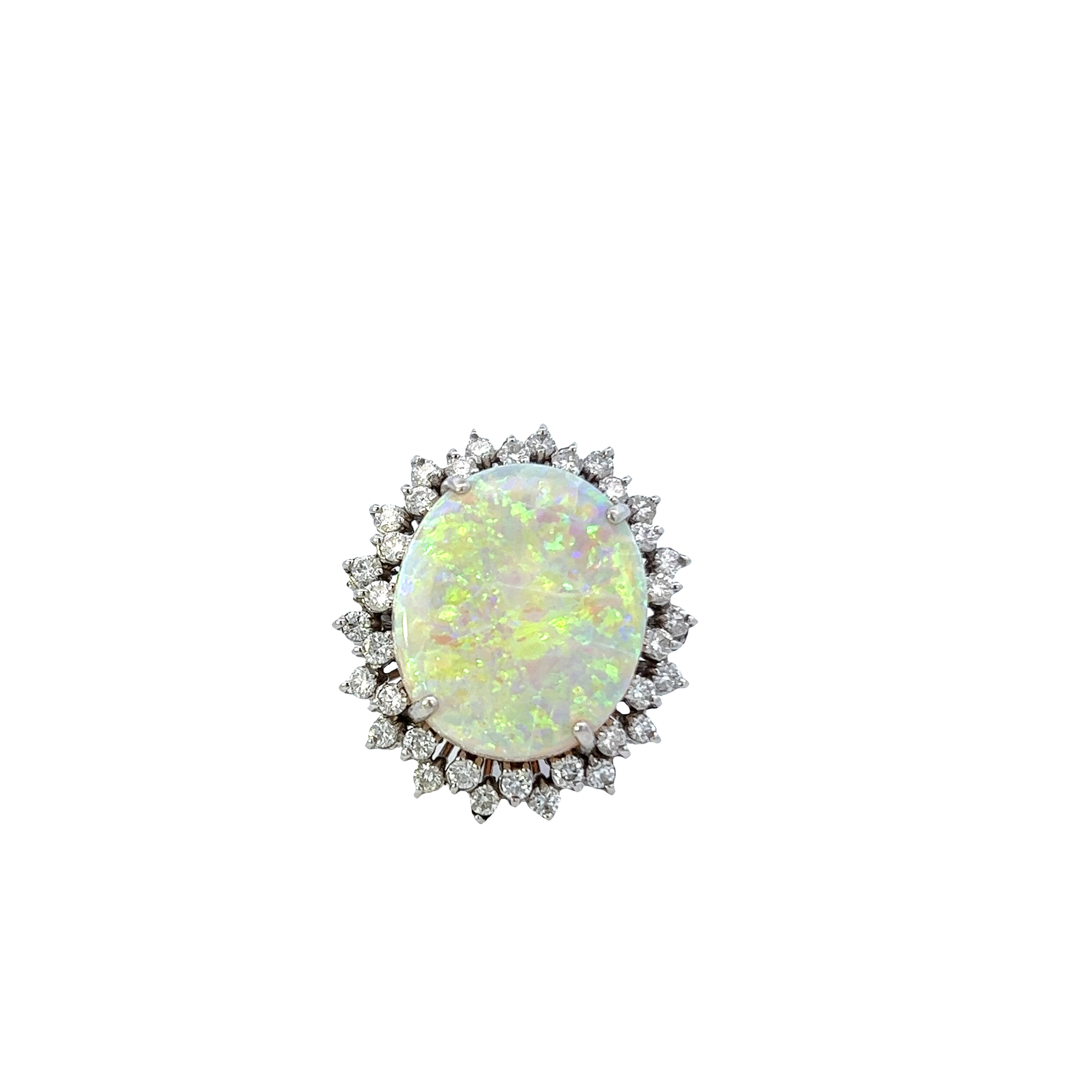 14KT White Gold And Round Cut Diamond Opal Ring