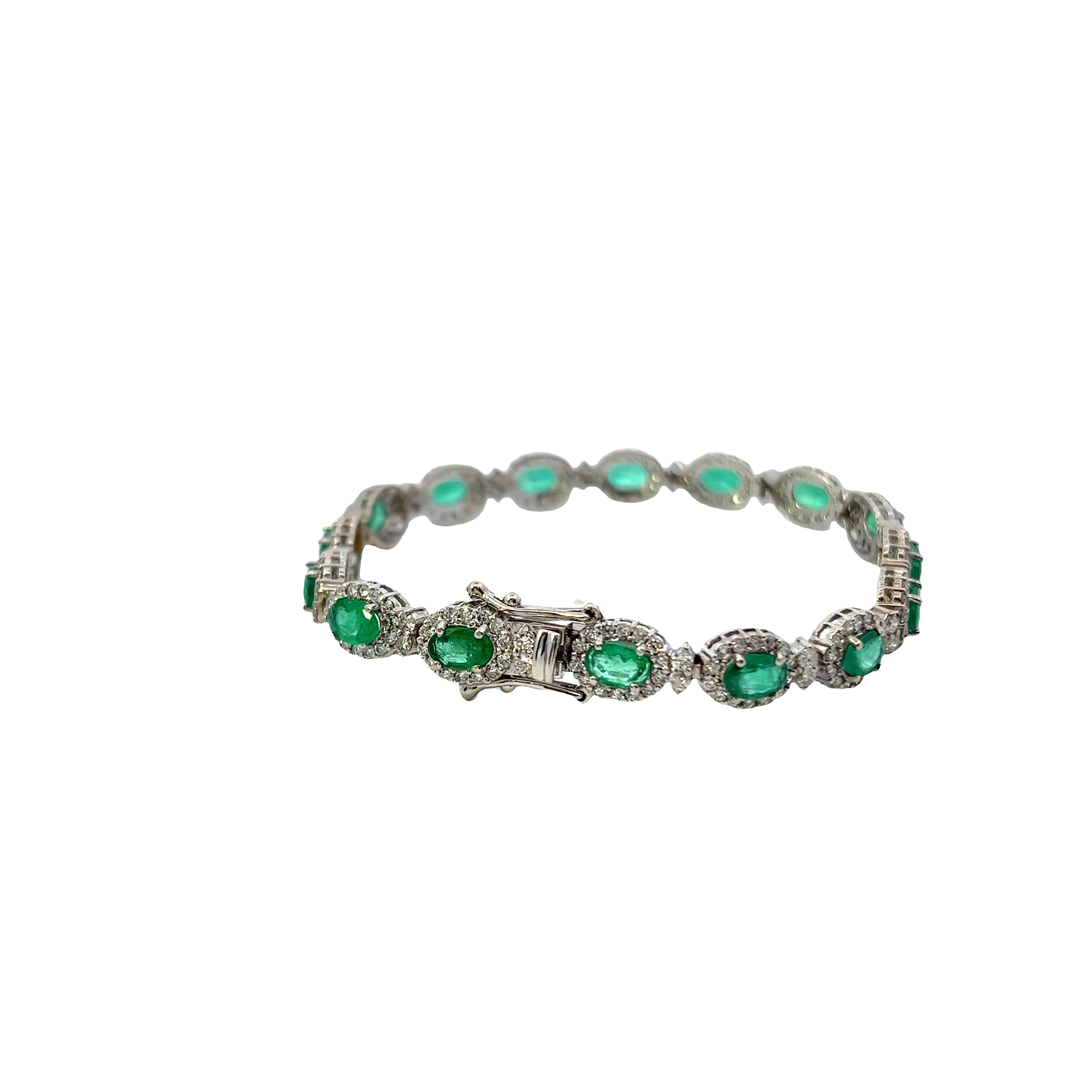 14KT White Gold Round Cut Diamond And Oval Emerald Bracelet