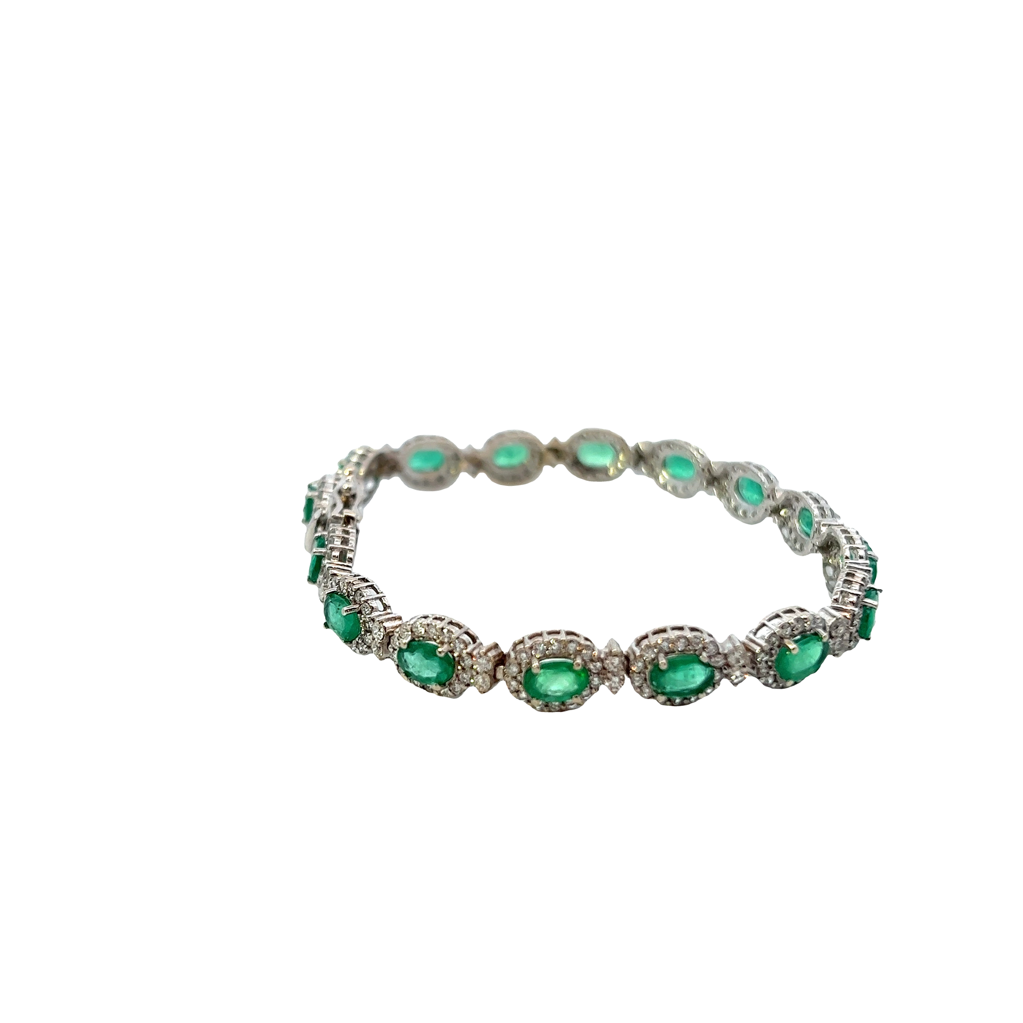 14KT White Gold Round Cut Diamond And Oval Emerald Bracelet