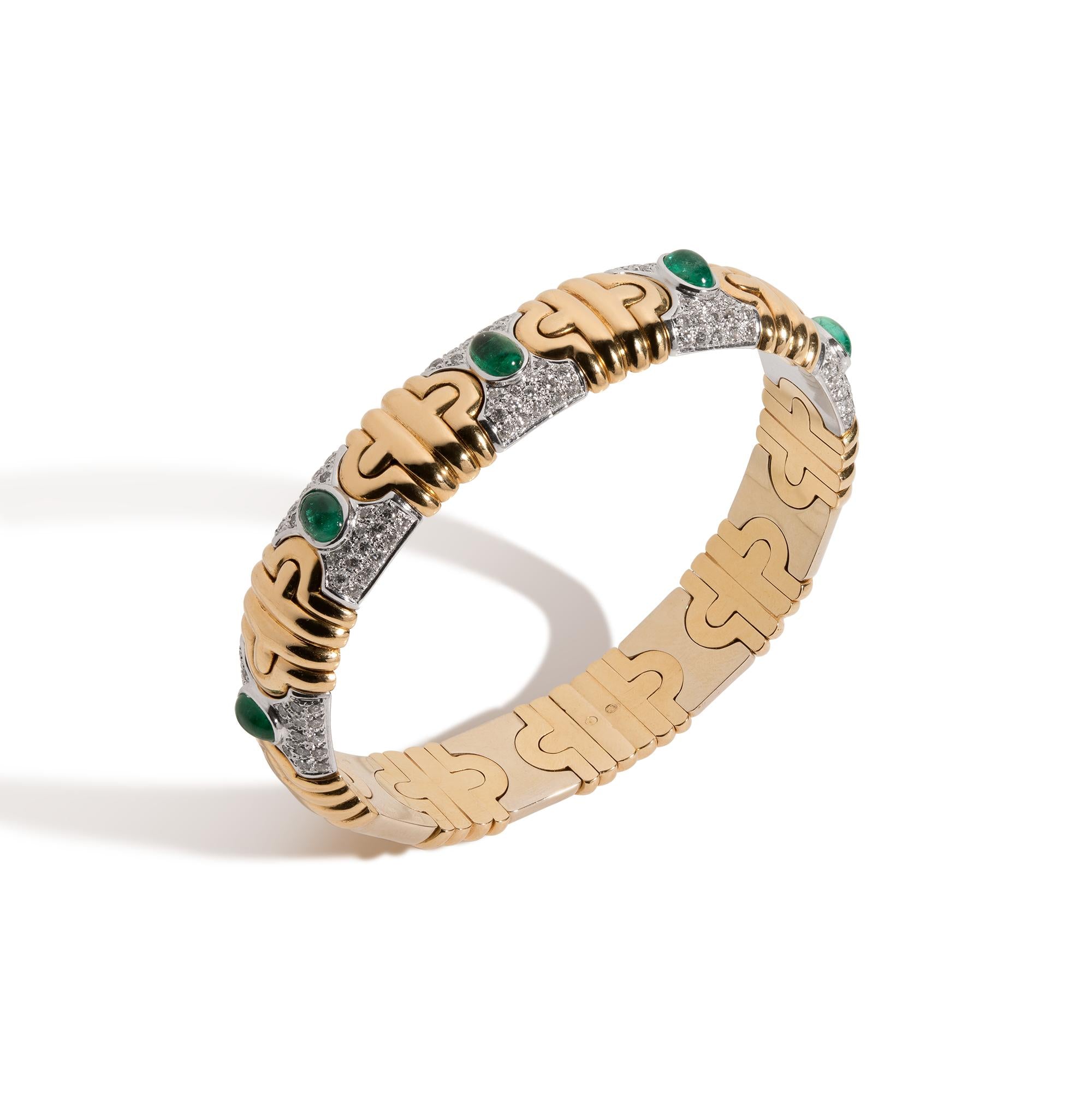 Retro Era 18KT Two-Tone Gold Emerald and Diamond Cabochon Bracelet