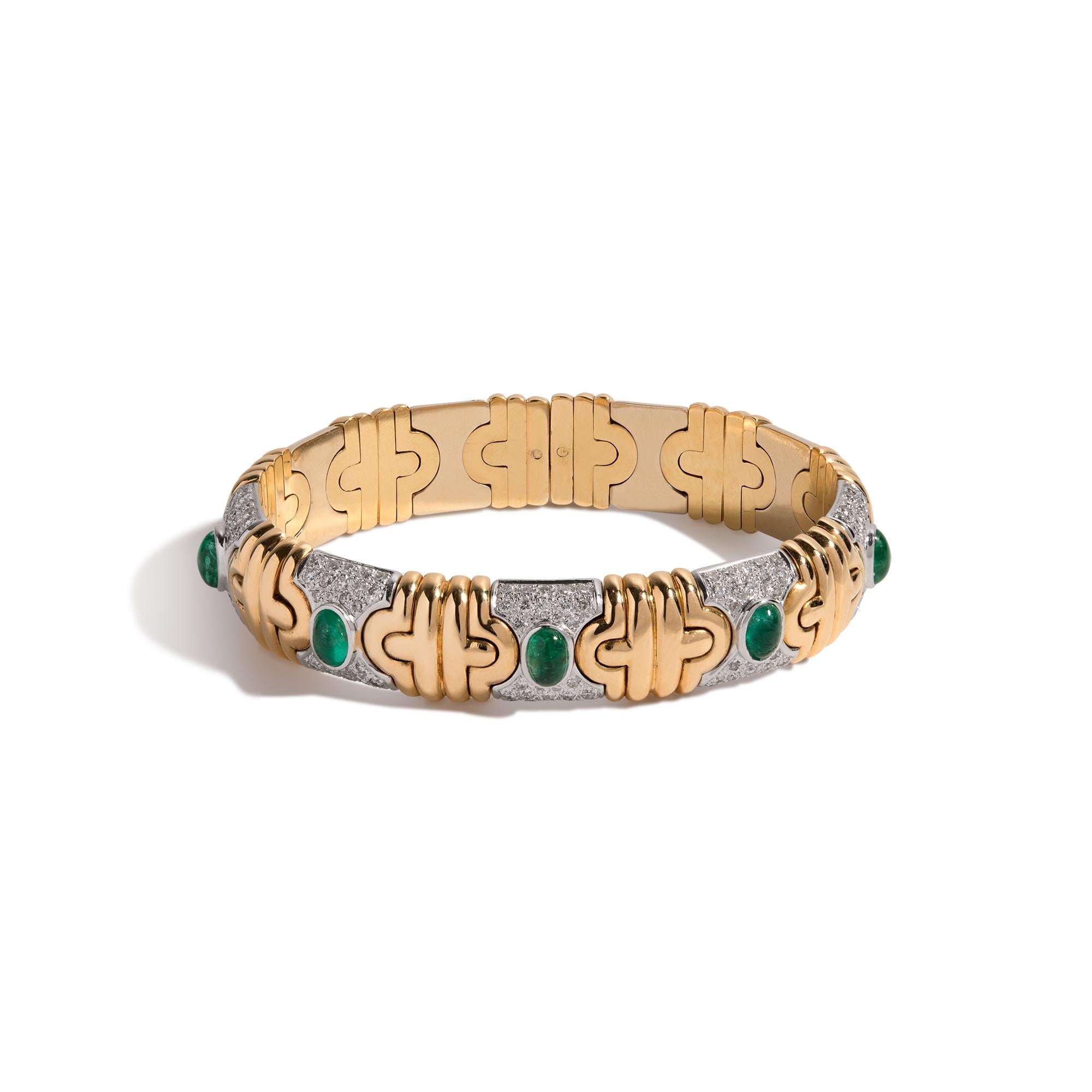 Retro Era 18KT Two-Tone Gold Emerald and Diamond Cabochon Bracelet