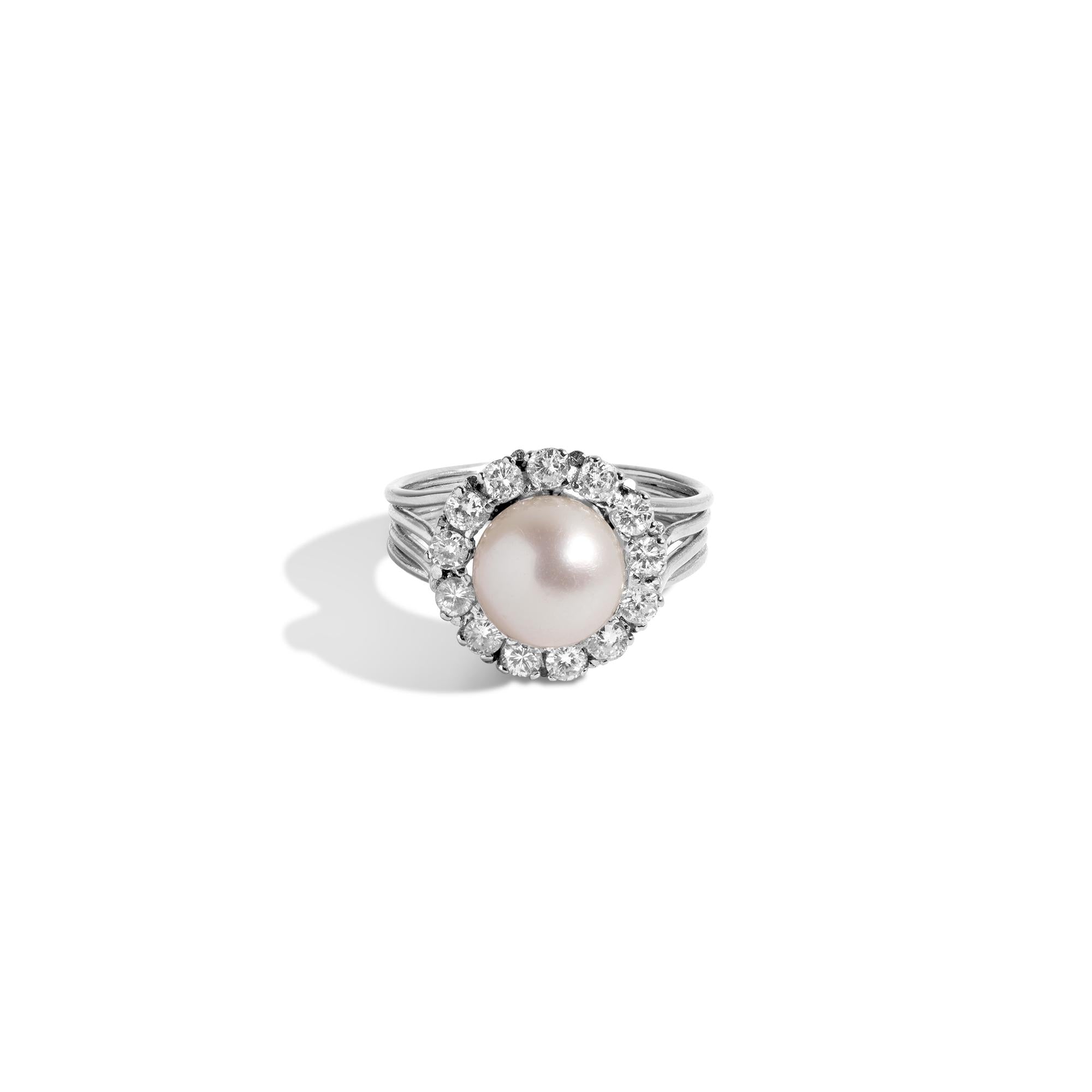 14KT White Gold Vintage Pearl and Diamond Halo Cocktail Ring