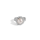 14KT White Gold Vintage Pearl and Diamond Halo Cocktail Ring