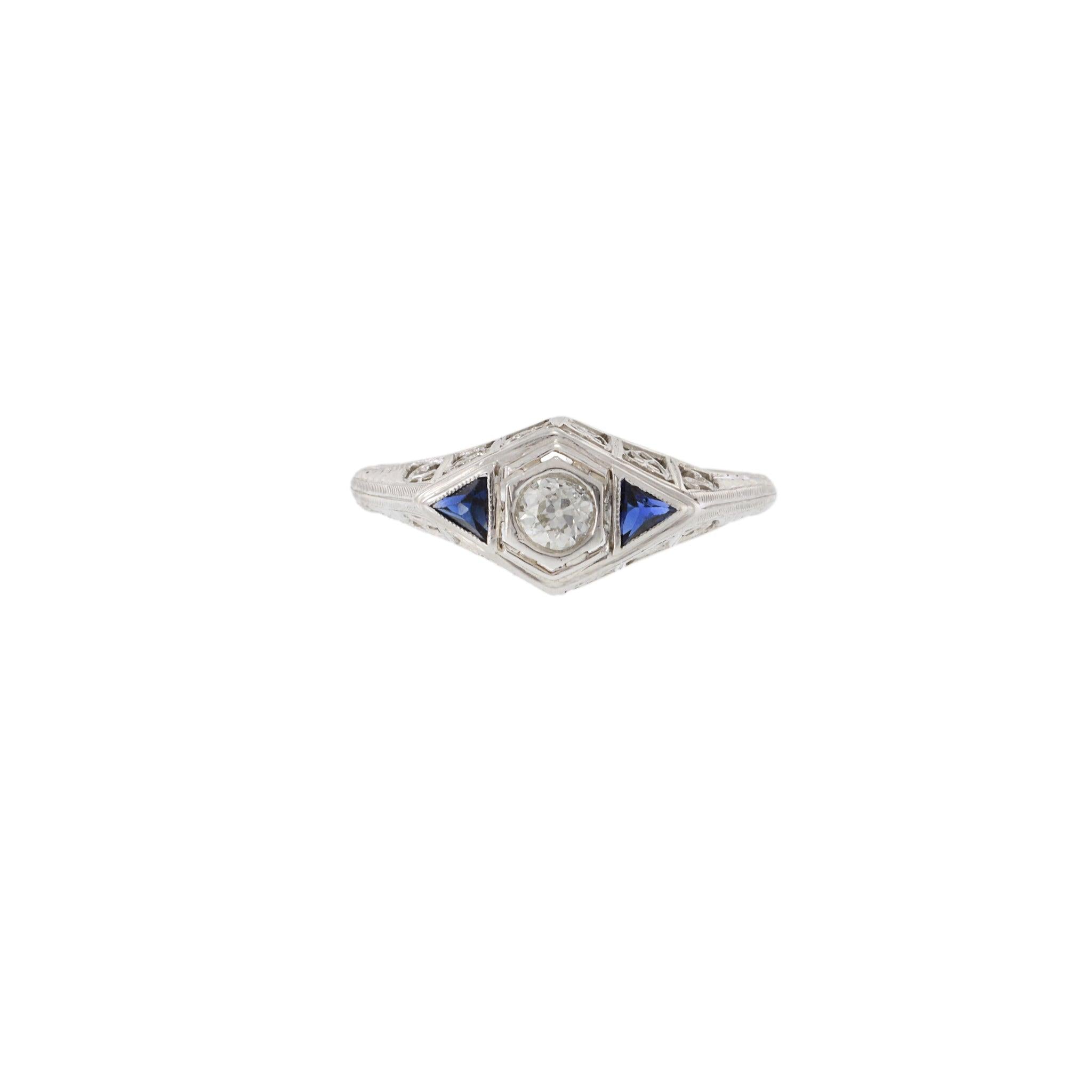 Edwardian 18KT & Platinum Top Filigree Diamond and Sapphire Ring