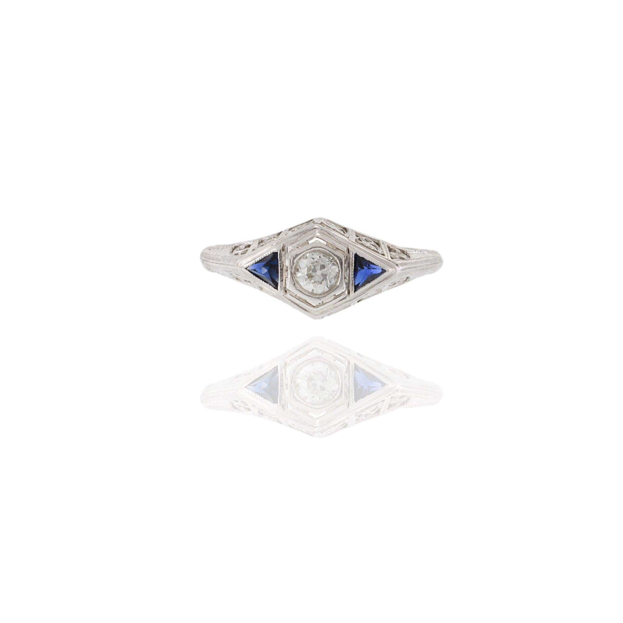 Edwardian 18KT & Platinum Top Filigree Diamond and Sapphire Ring