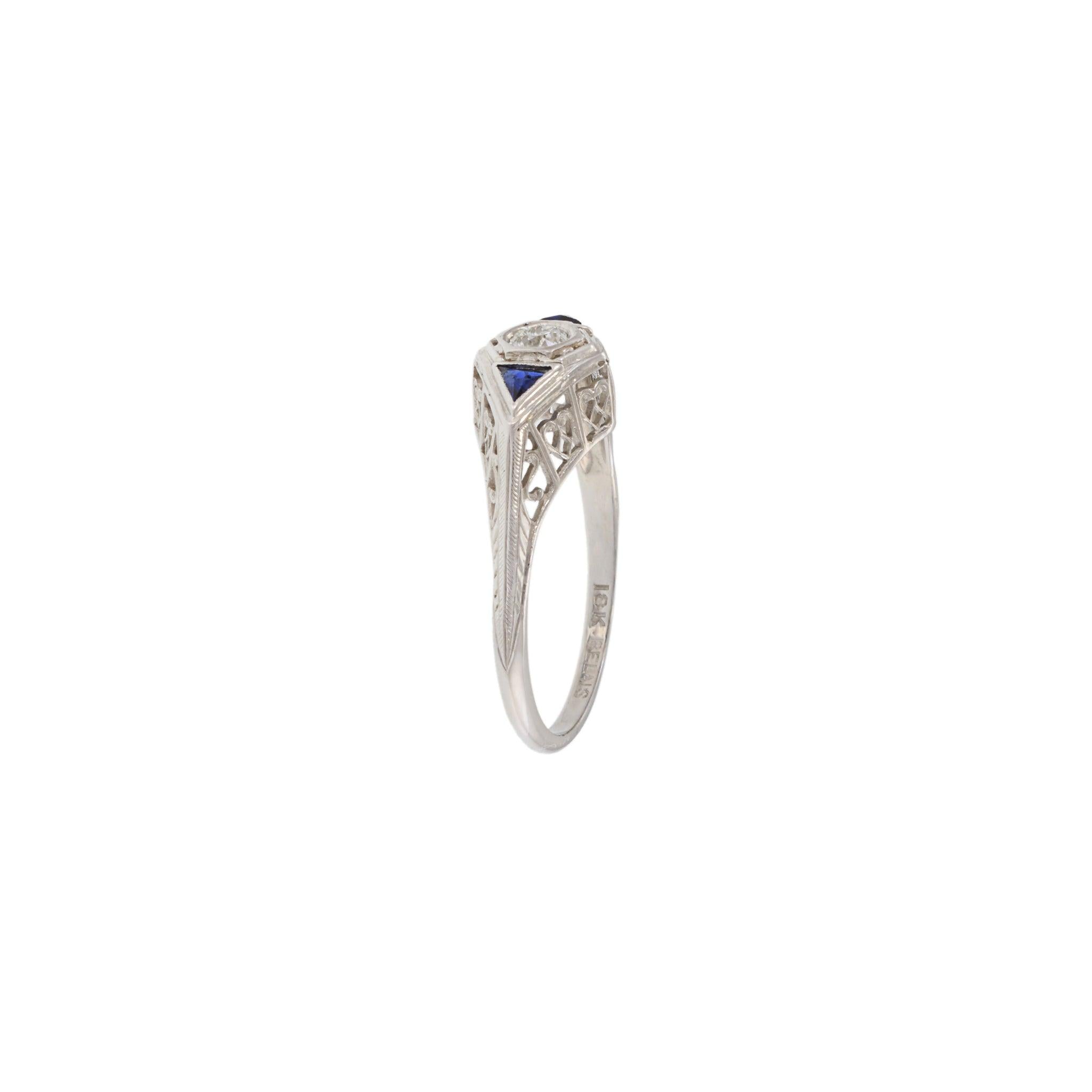 Edwardian 18KT & Platinum Top Filigree Diamond and Sapphire Ring
