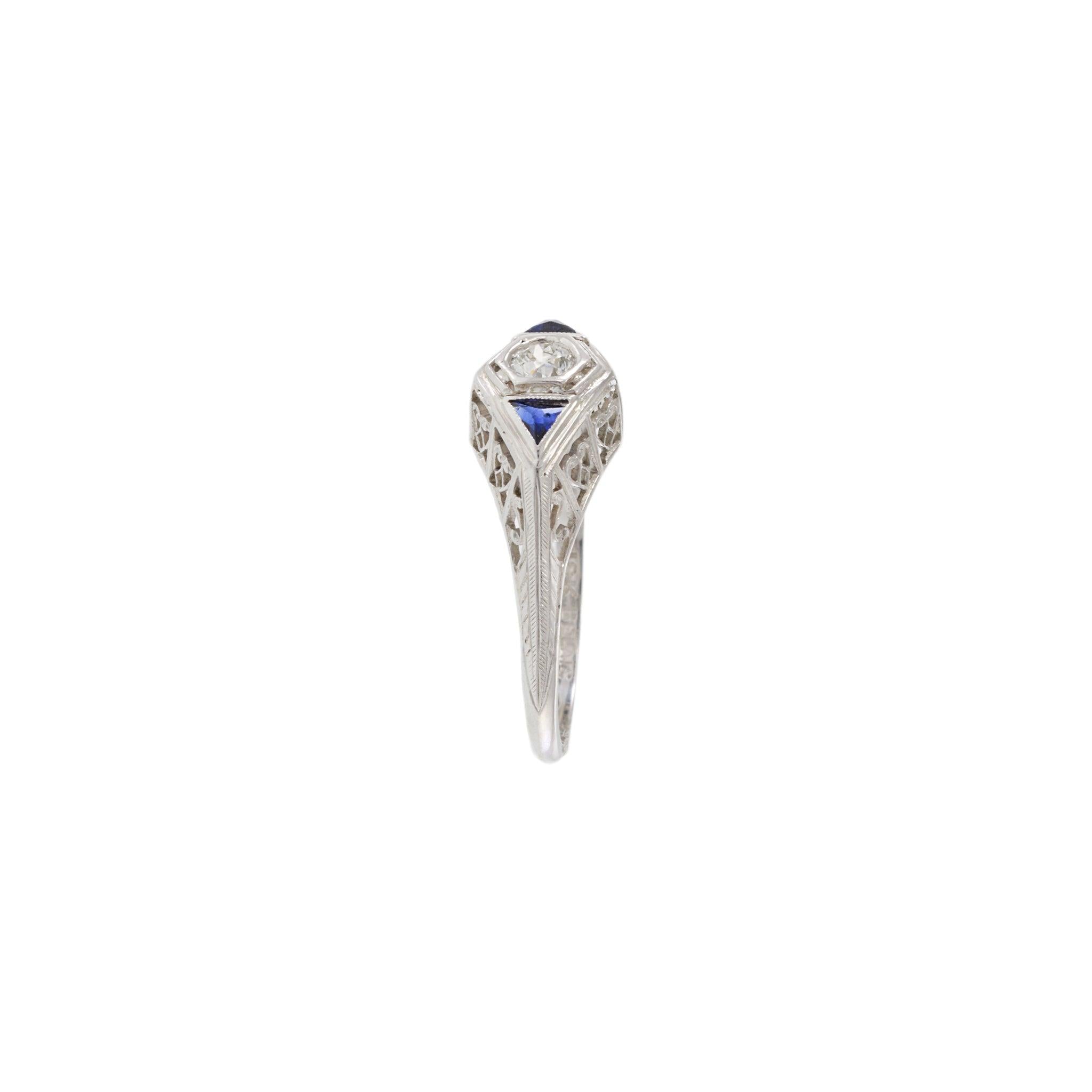 Edwardian 18KT & Platinum Top Filigree Diamond and Sapphire Ring