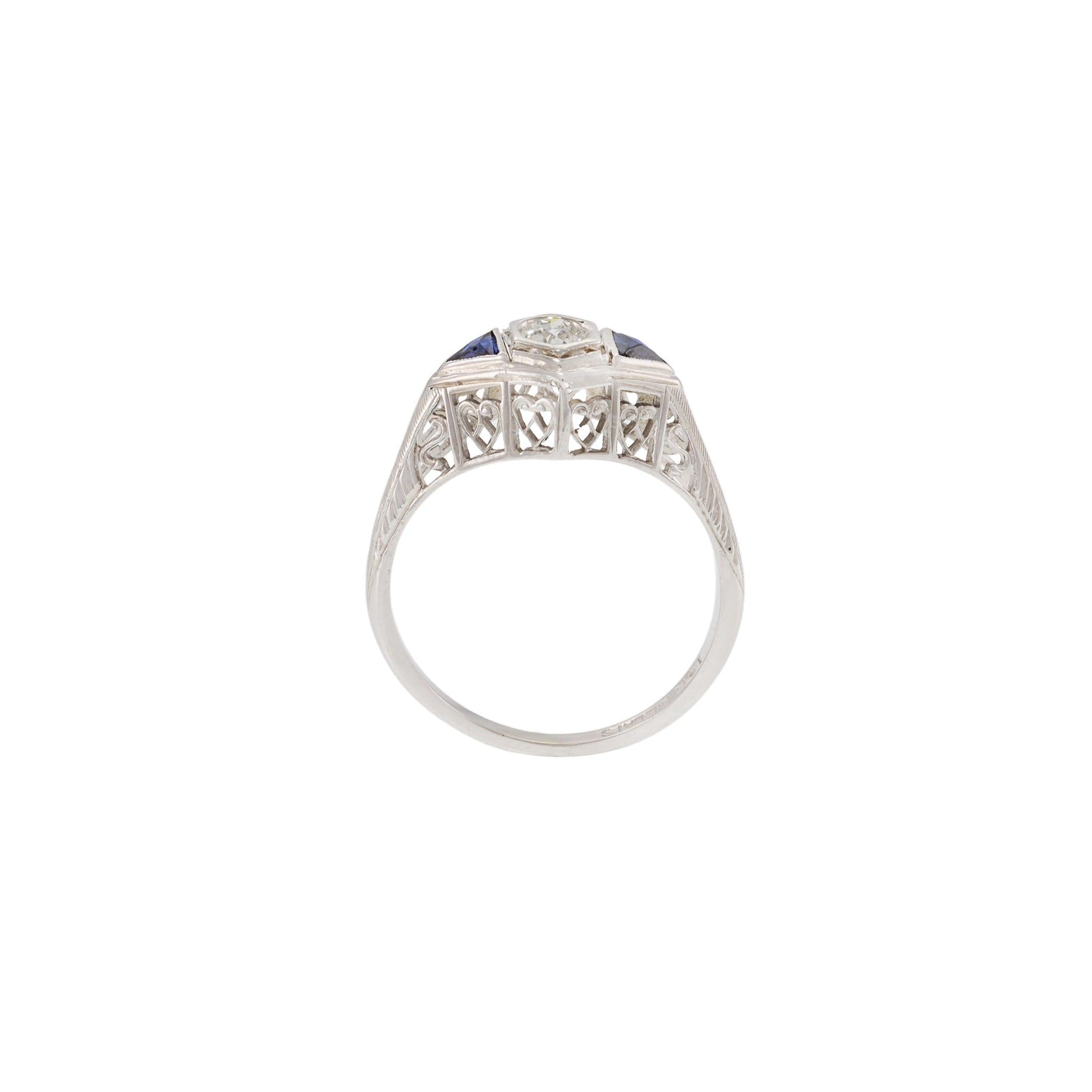 Edwardian 18KT & Platinum Top Filigree Diamond and Sapphire Ring