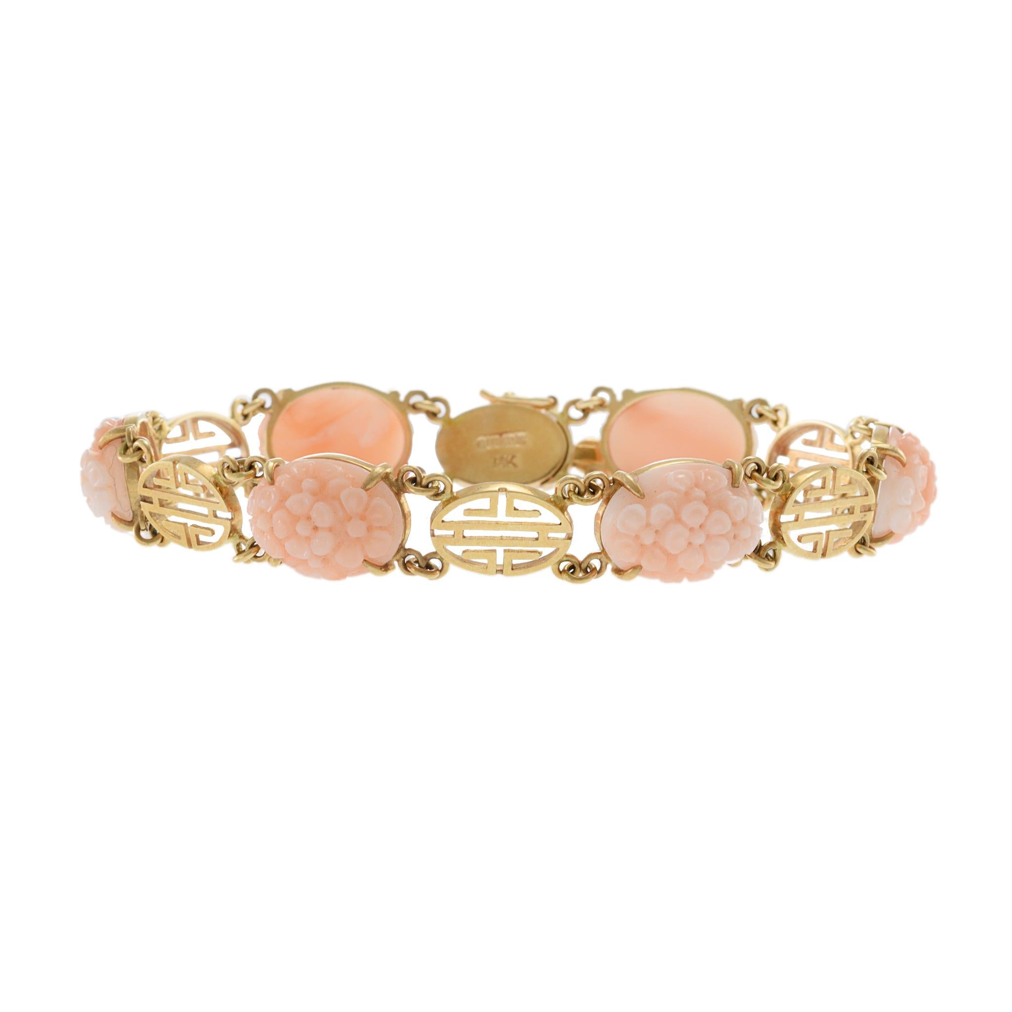 Vintage Retro 14KT Yellow Gold Genuine Pink Coral Carvings Bracelet