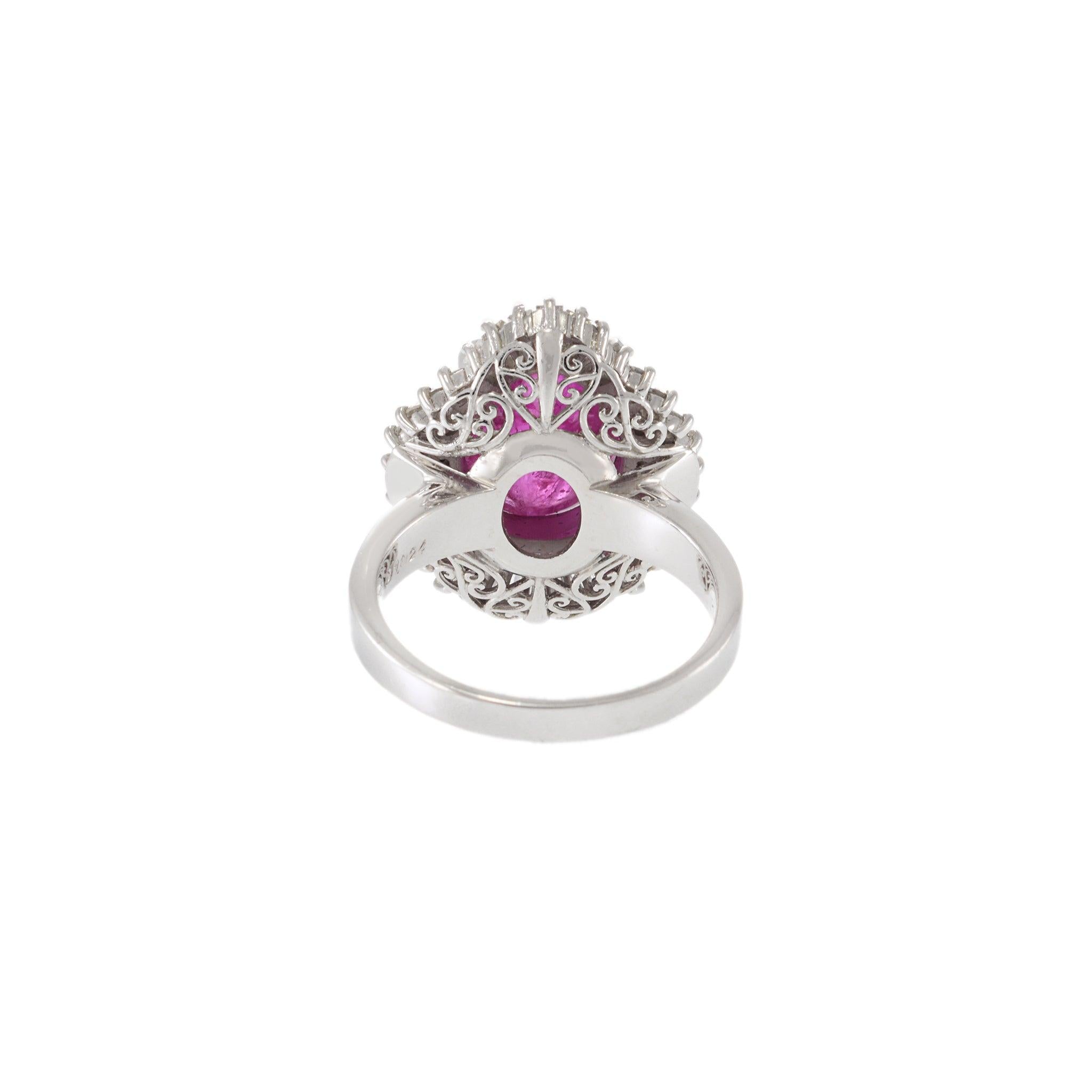 Platinum Estate Ruby Ring with Round and Baguette Diamond Halo