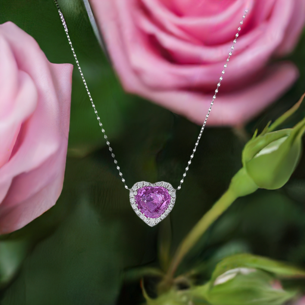 18KT White Gold Heart Shaped Pink Sapphire And Diamond Necklace