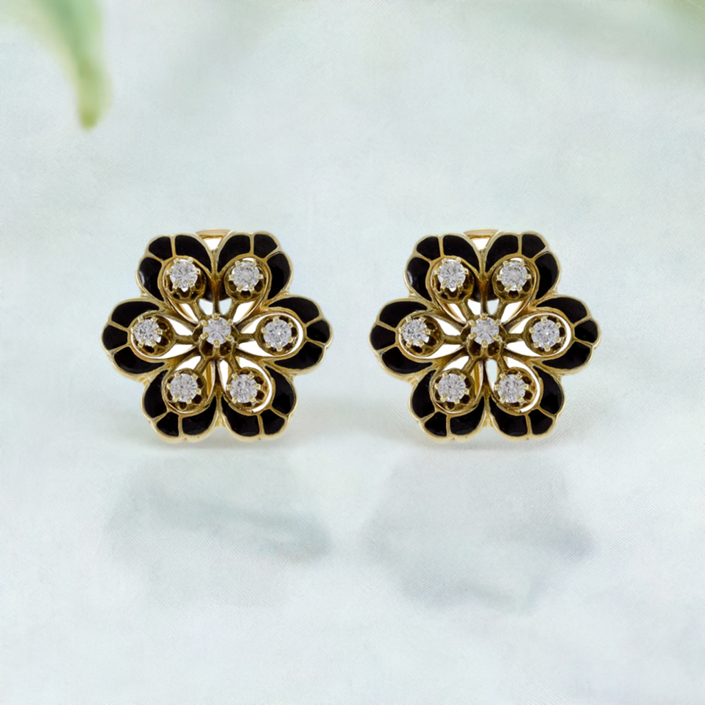 Vintage 1960s 14KT Yellow Gold Enamel and Diamond Flower Earrings