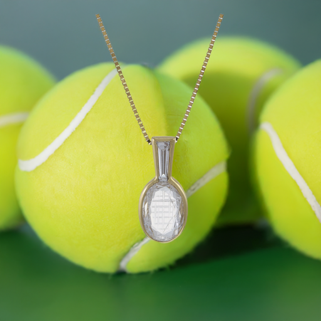 18KT Yellow Gold Vintage Diamond Cut Tennis Racket Pendant