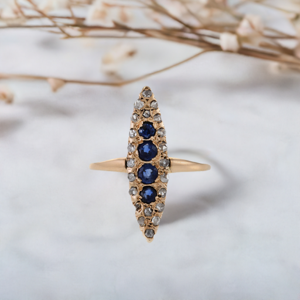 Victorian Era Marquise Shaped Sapphire and Diamond Ring