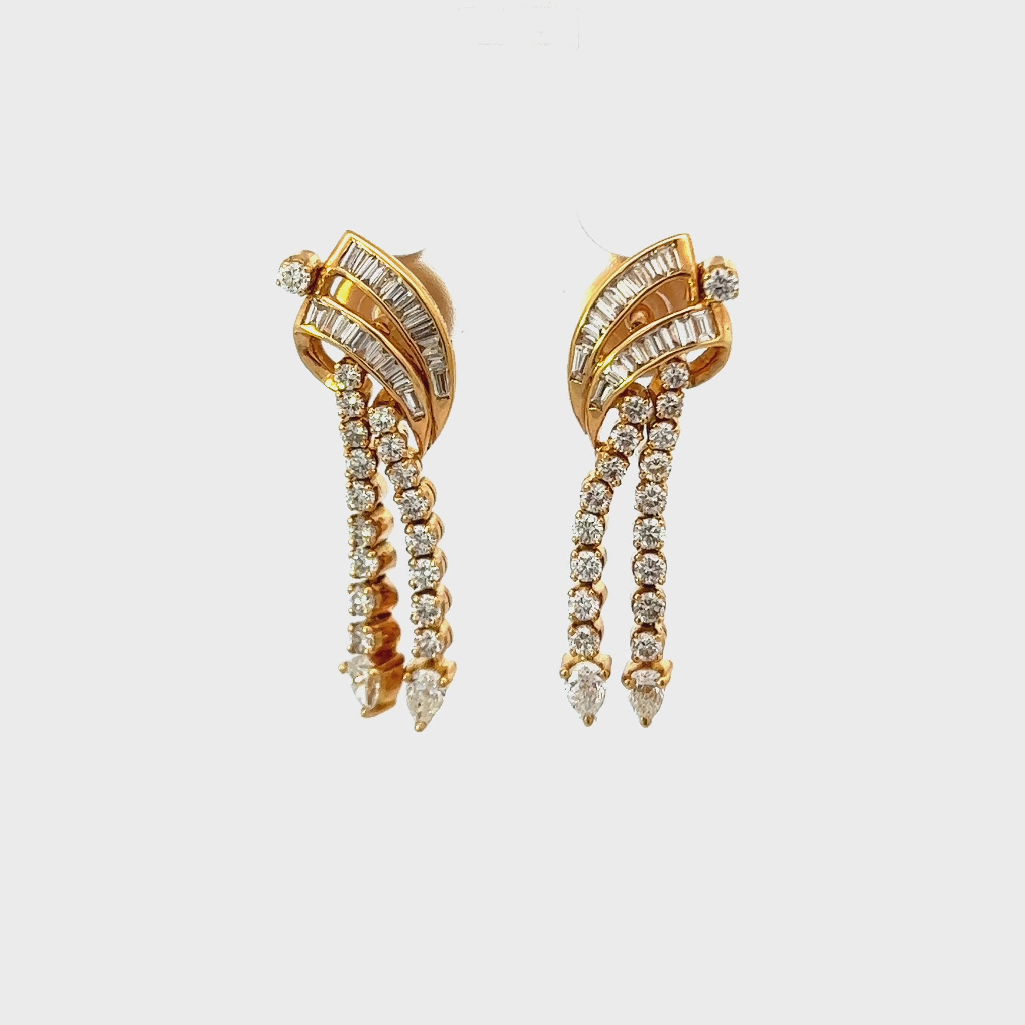 18KT Yellow Gold Baguette And Pear Shaped Diamond Earrings