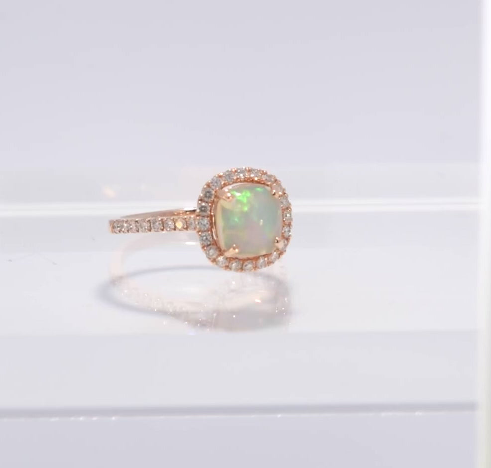 14KT Rose Gold Opal & Diamond Halo Ring