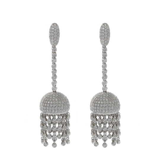 18KT White Gold Bezel Set Round Cut Diamond Hanging Chandelier Earrings