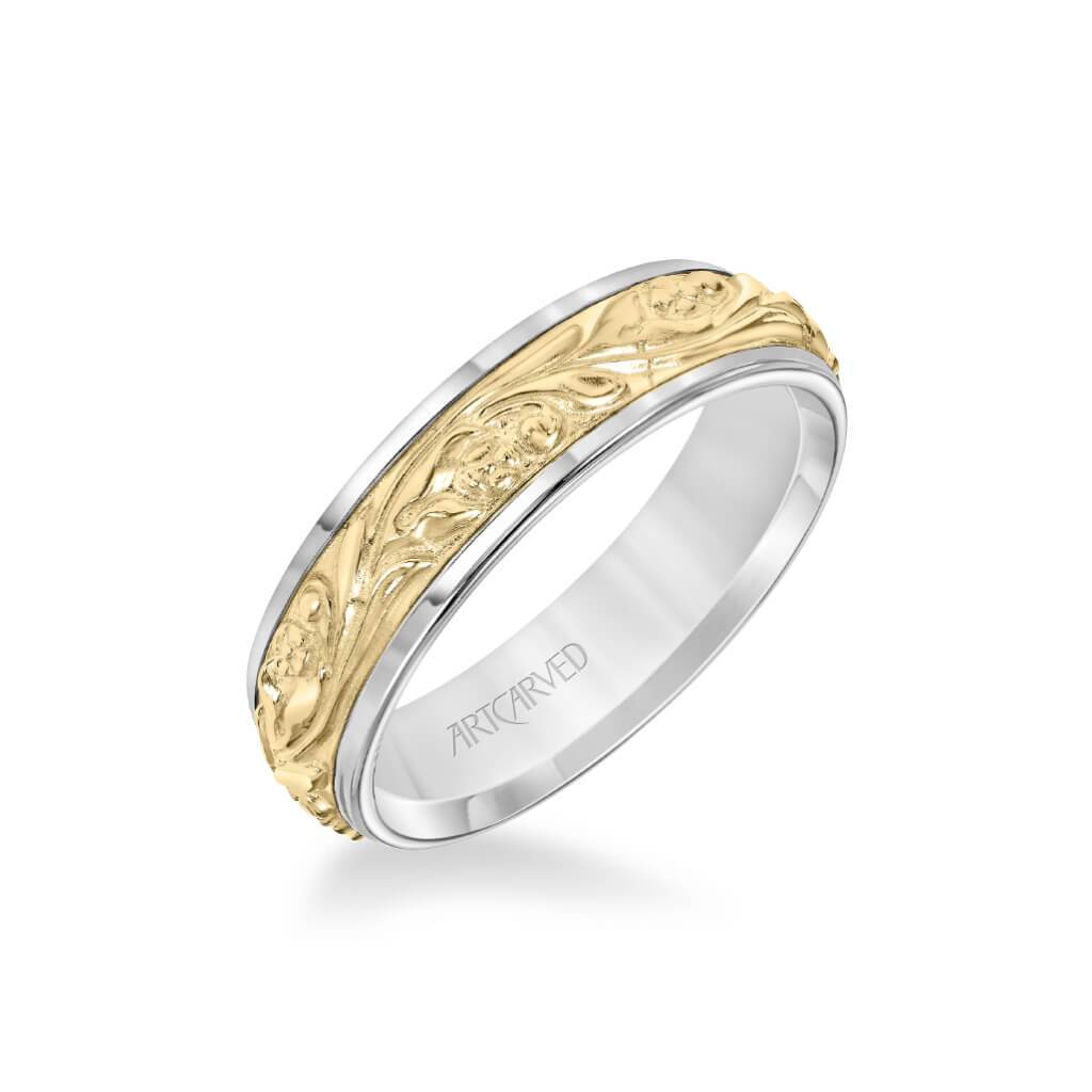 6MM Men's Wedding Band - Intricate Engraved Scroll Design and Rolled Edge