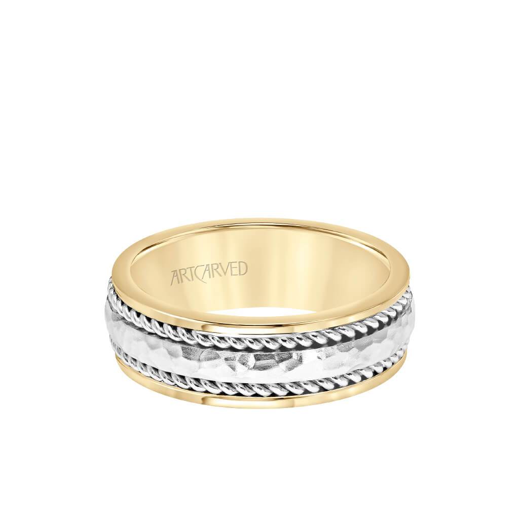 7.5MM Men's Wedding Band - Hammered Finish with Rope Design and Rolled Edge