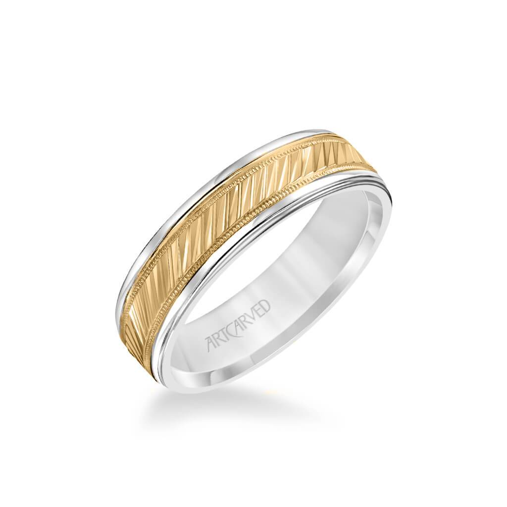 6MM Men's Classic Wedding Band - Diagional Swiss Cut Engraved Design with Milgrain and Round Edge