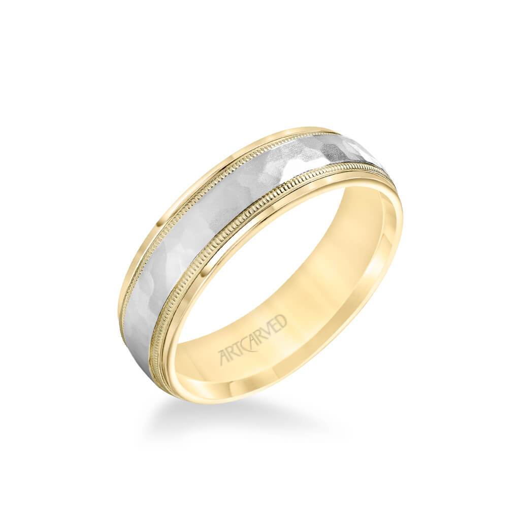 6MM Men's Classic Two Tone Wedding Band - Hammered Finish with Milgrain Detail and Step Edge