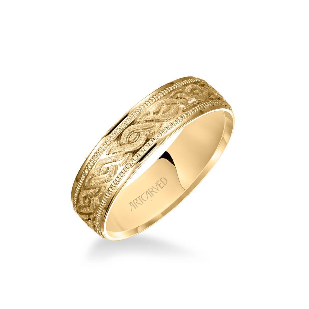 6MM Men's Wedding Band - Engraved Center with Milgrain Detail and Flat Edge