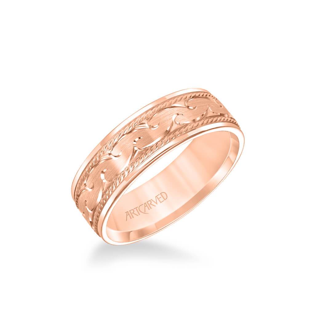 7MM Men's Wedding Band - Engraved Design with Rope Detailing and Flat Edge