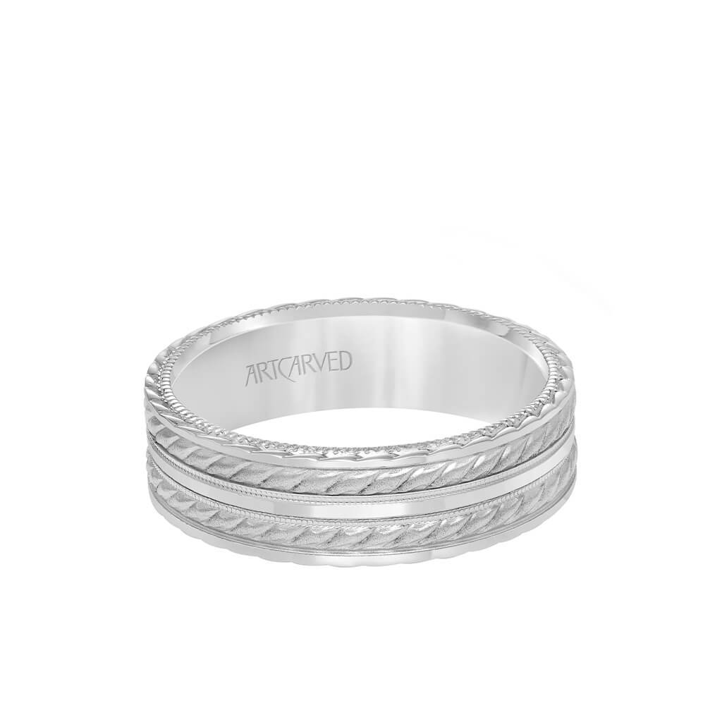 6.5MM Men's Wedding Band - Soft Sand and Bright Finish Flat Edge, rope and Milgraining treatment on top and sides