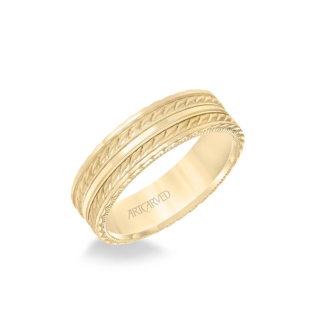 6.5MM Men's Wedding Band - Soft Sand and Bright Finish Flat Edge, rope and Milgraining treatment on top and sides