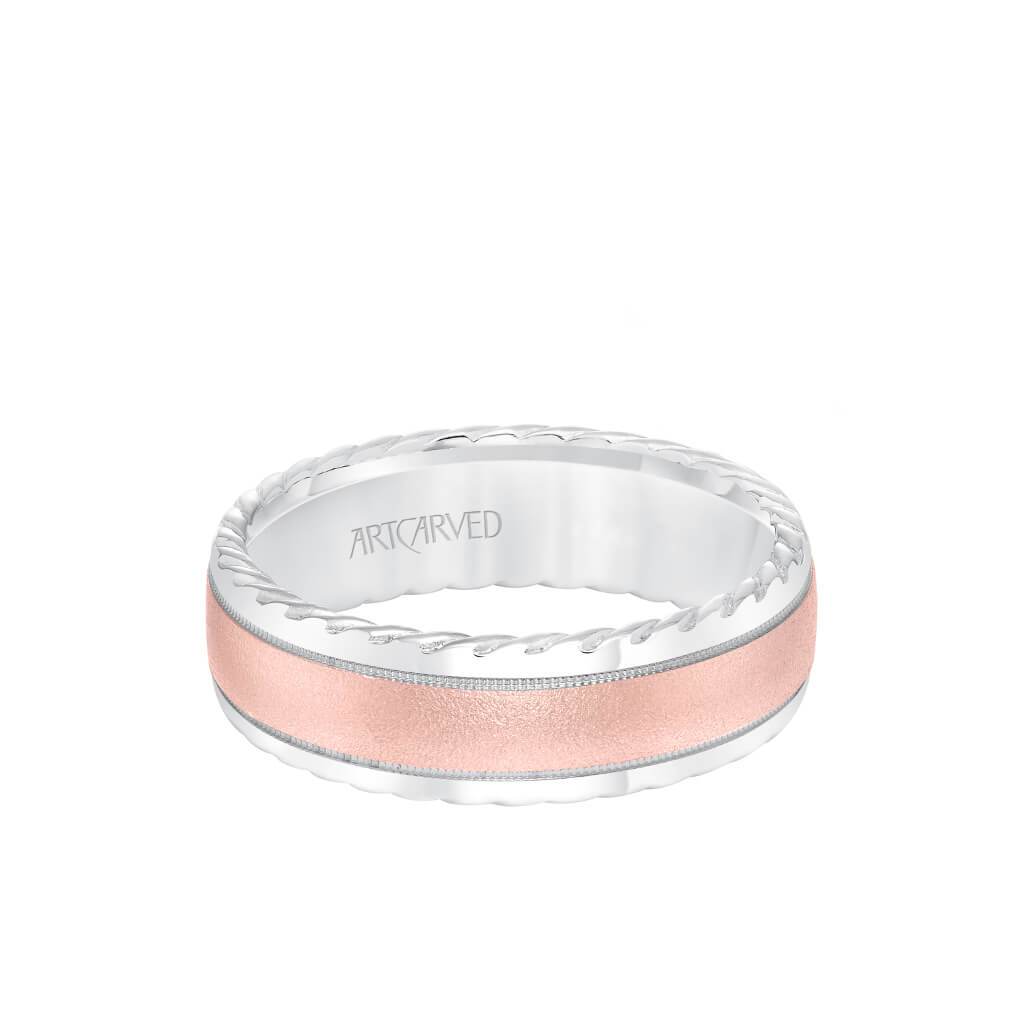 7MM Men's Wedding Band - Soft Sand Finish and Round Edge with Rope Detail and Milgrain Accents