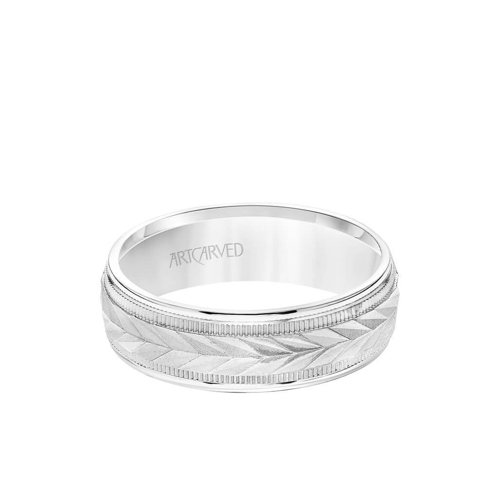 6.5MM Men's Wedding Band - Wheat Motif with Coin Edge Accents and Round Edge
