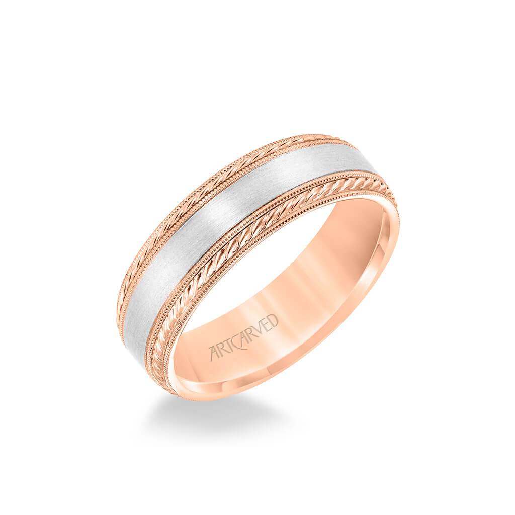 6.5MM Men's Wedding Band - Satin Finish with Rope and Milgrain Accents and Milgrain Edge