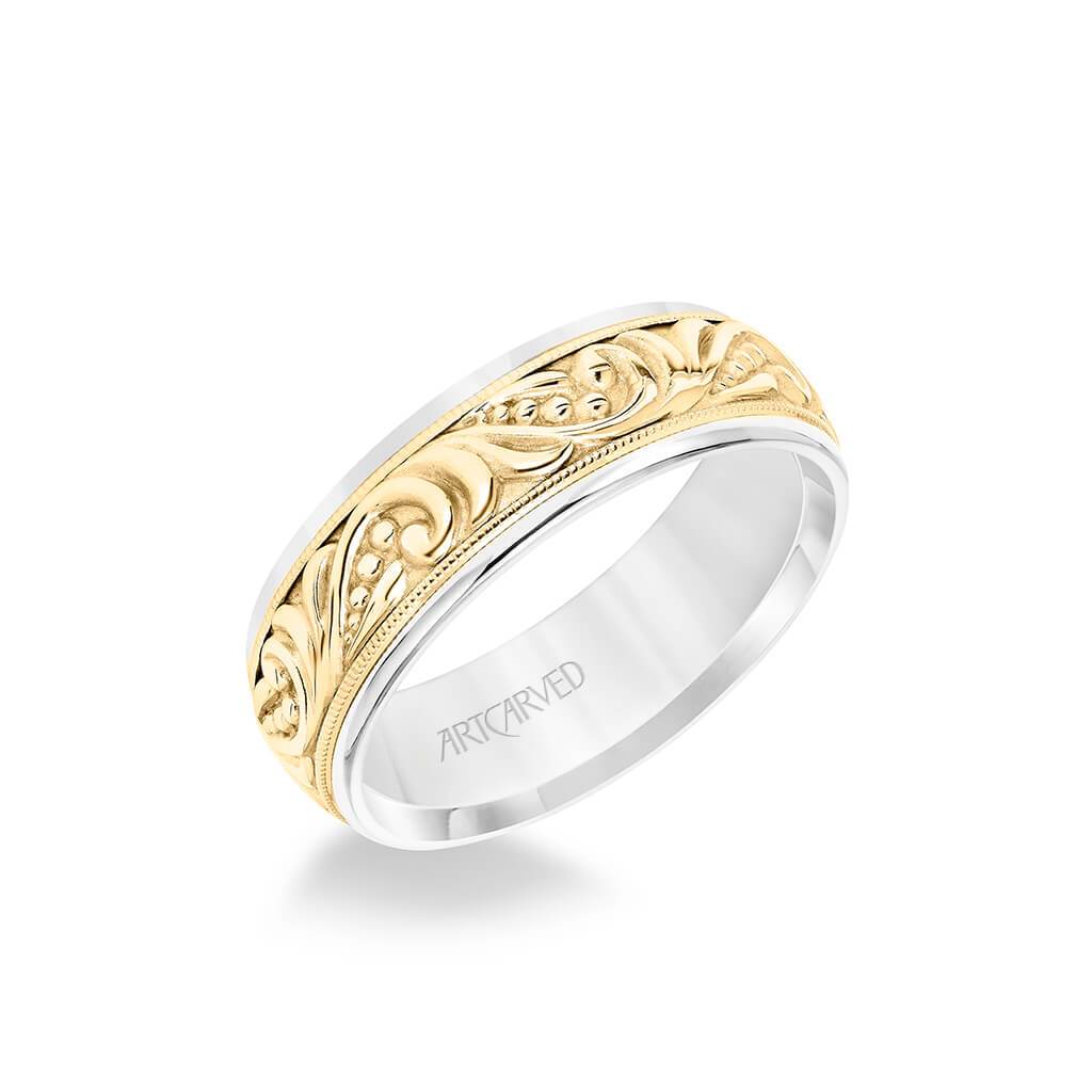 7MM Men's Wedding Band - Engraved Paisley Design with Milgrain Detail and Round Edge