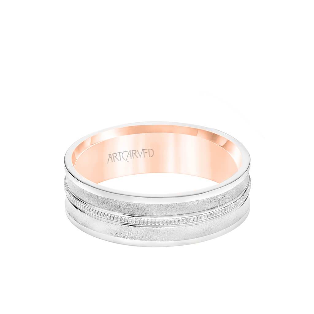 6.5MM Men's Wedding Band - White Gold Bright Soft Sand Finish with Milgrain Center with Rose Gold Interior and Flat Edge