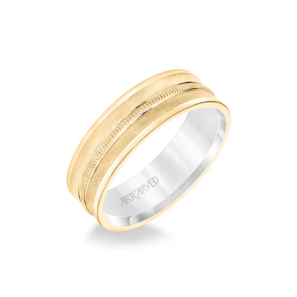 6.5MM Men's Wedding Band - White Gold Bright Soft Sand Finish with Milgrain Center with Rose Gold Interior and Flat Edge