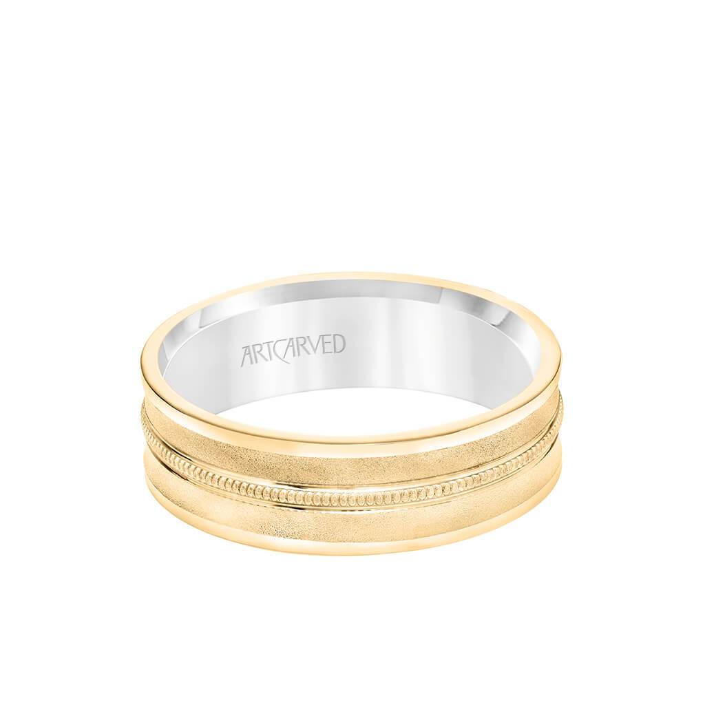 6.5MM Men's Wedding Band - White Gold Bright Soft Sand Finish with Milgrain Center with Rose Gold Interior and Flat Edge